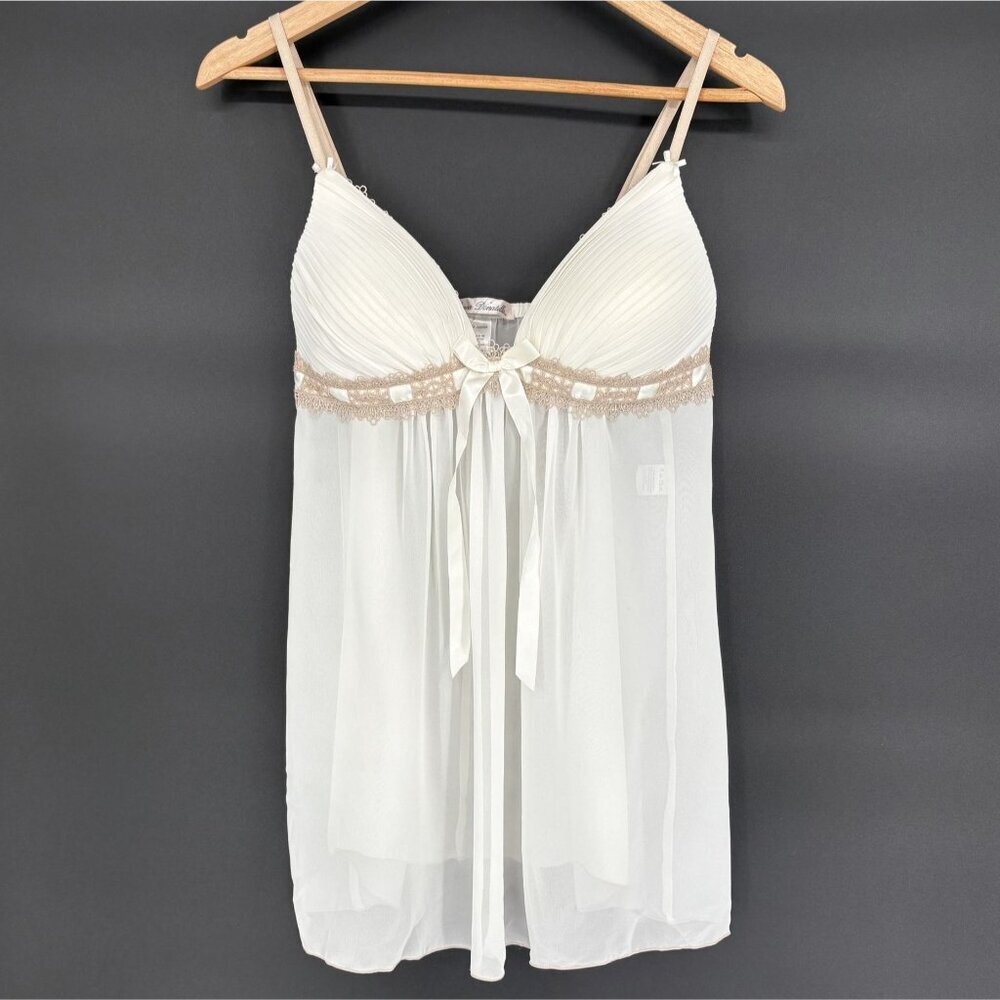 Linea Donatella Women's Sheer Babydoll Lingerie L Ivory Lace Trim Chemise